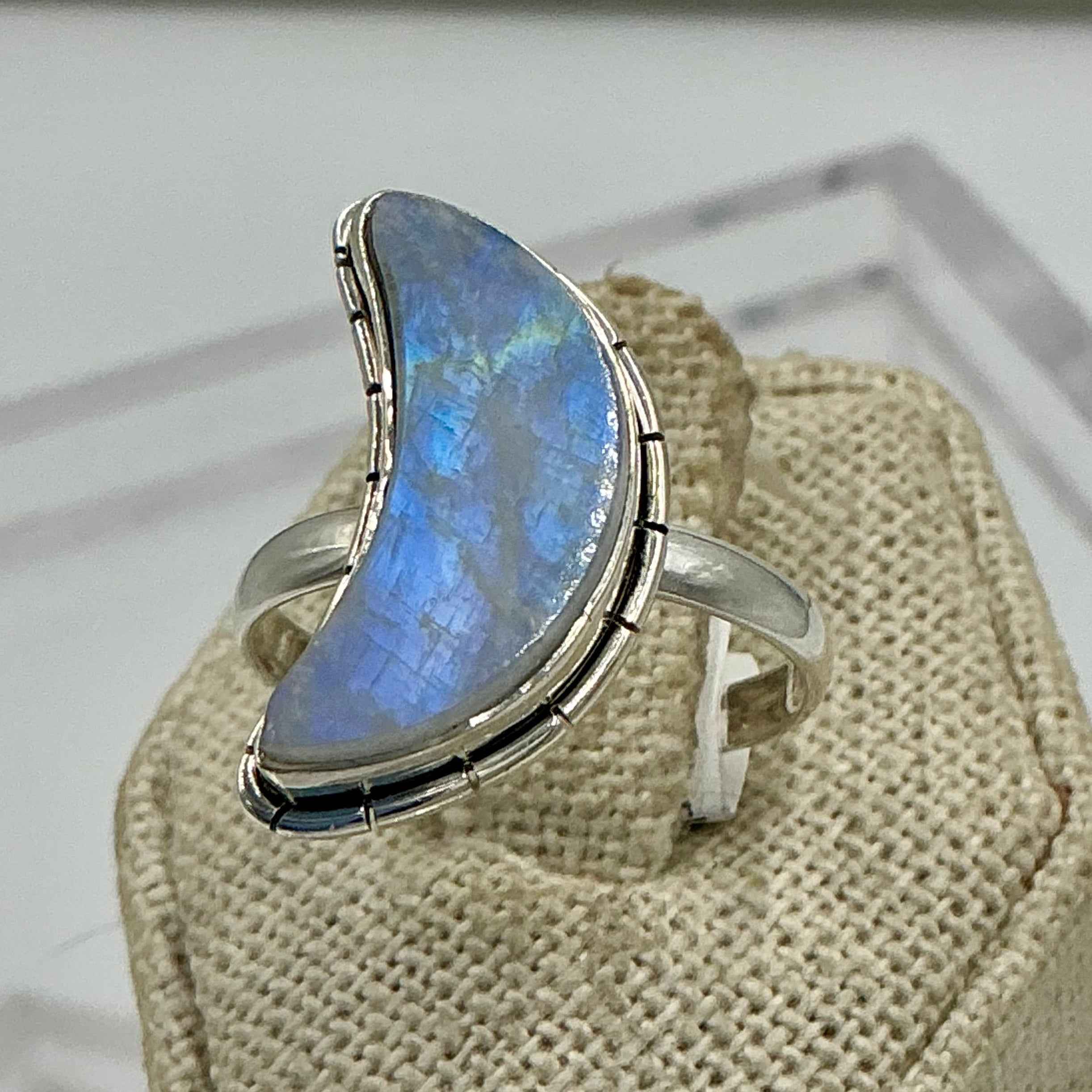 Sterling Silver Rainbow Moonstone Crescent Moon Ring – Size 10 – Intuition, Feminine Energy & New Beginnings