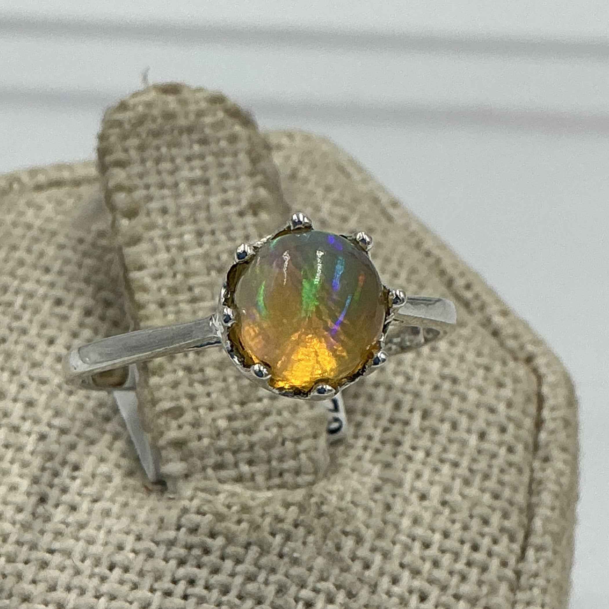 Sterling Silver Crown Set Circle Ethiopian Opal Ring - Size 8 - Intuition, Creativity & Inner Light