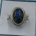 Sterling Silver Deeo Blue Labradorite Oval Rope Ring - Size 9 - Magic and Protection