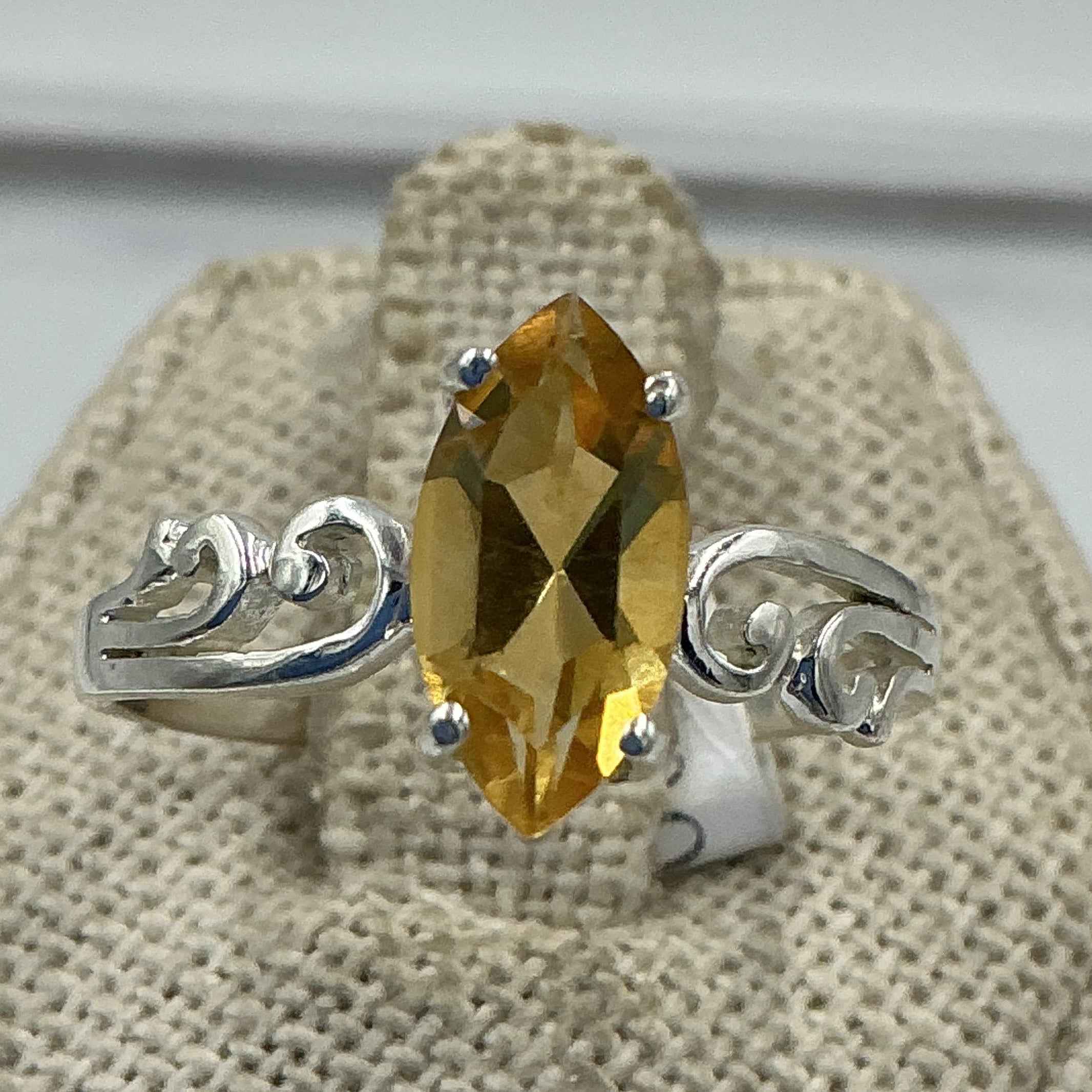 Sterling Silver Marquise Citrine Scroll Band Ring – Size 10 – Abundance, Confidence & Flow