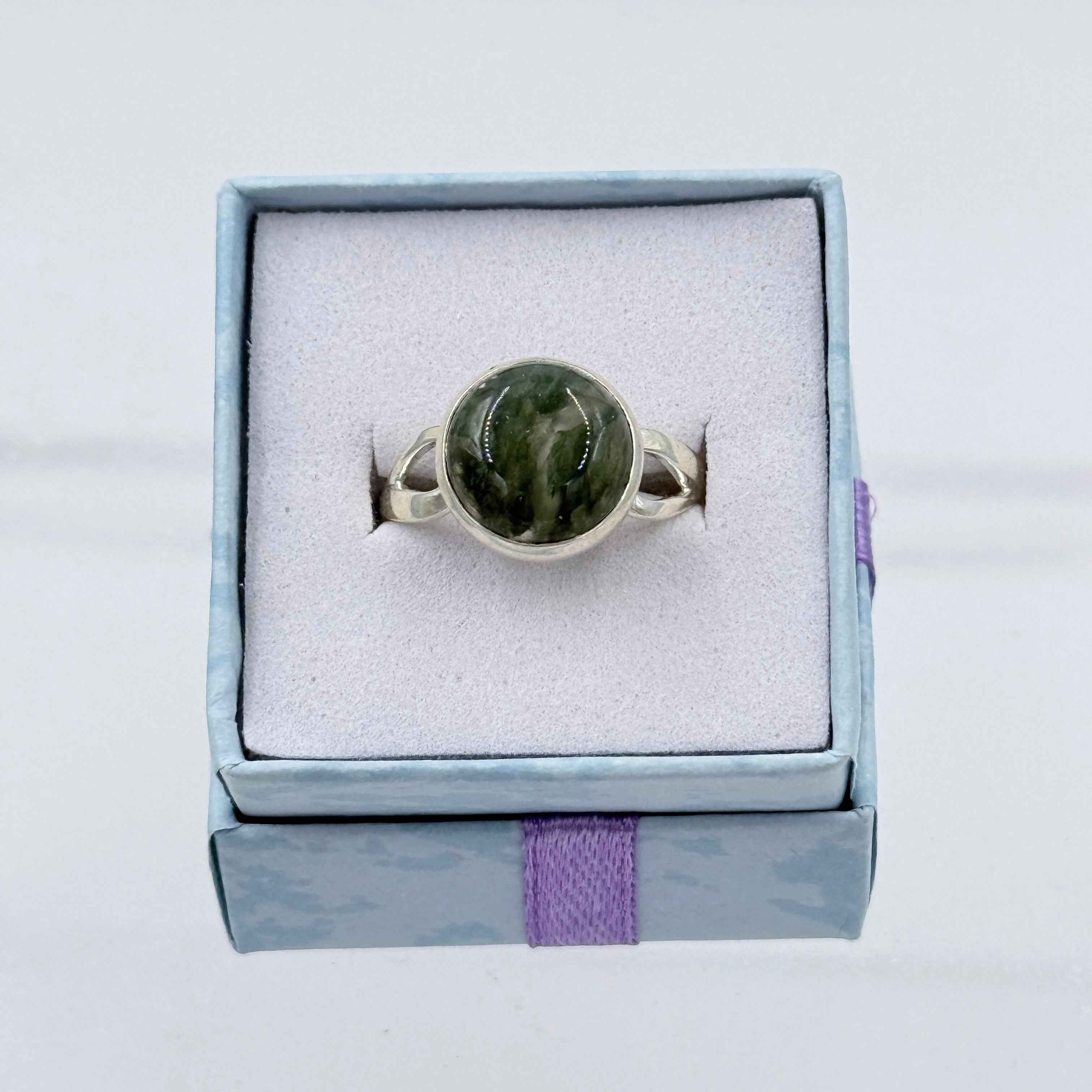 Sterling Silver Opework Banded Round Moss Agate Ring - Size 9 - Grounding, Nurturing & Growth