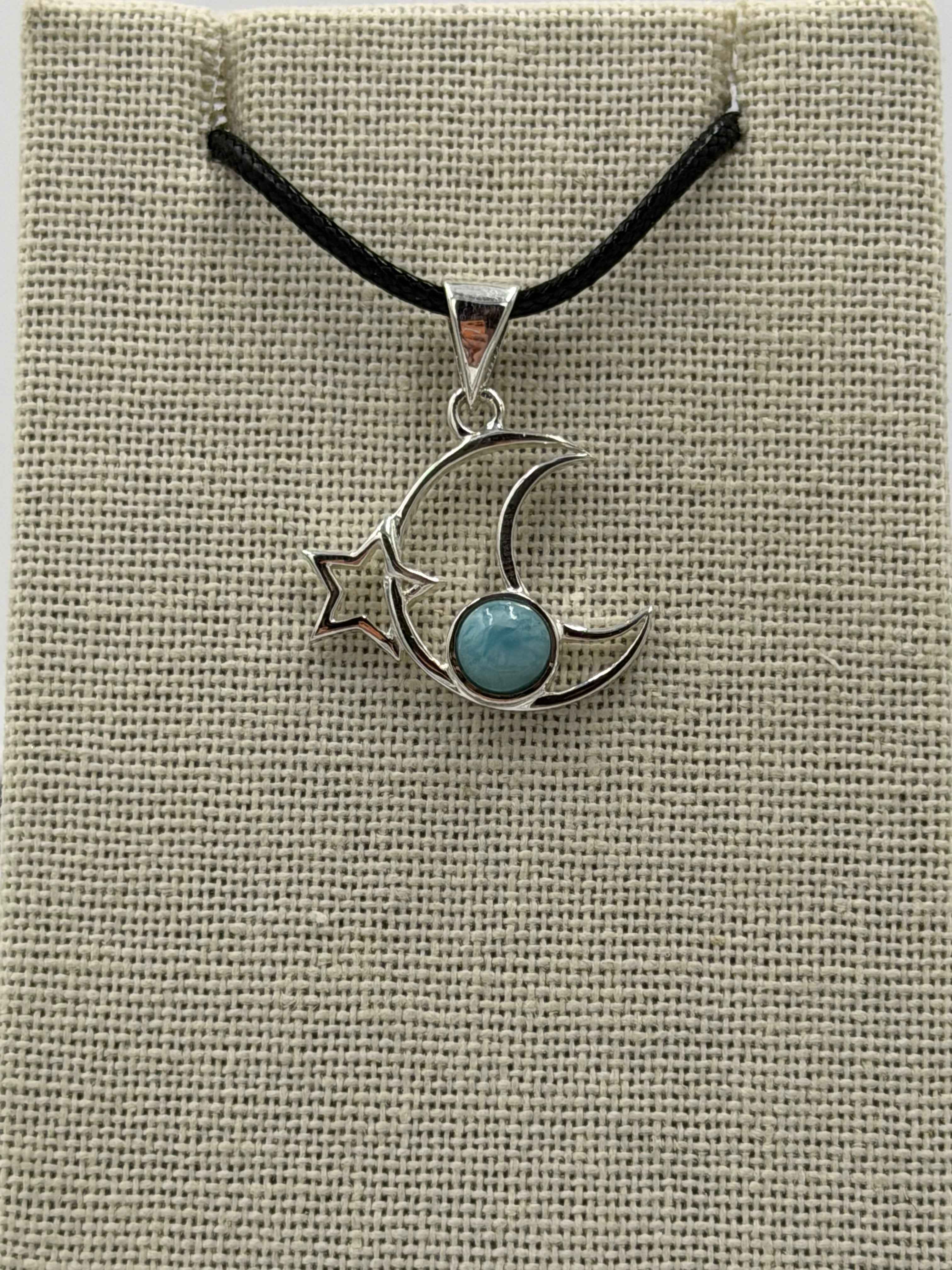 Sterling Silver Crescent Moon & Star Larimar Pendant
