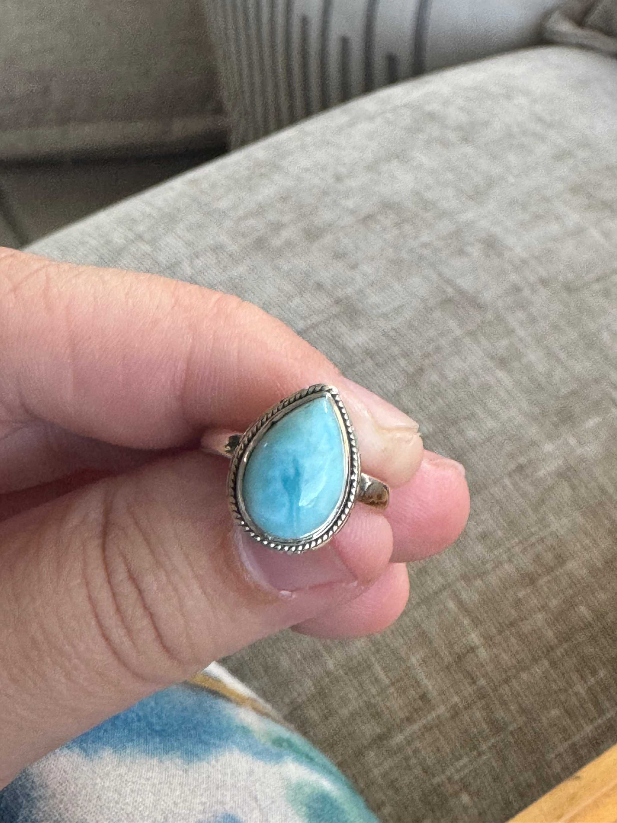 Larimar Tear-Drop Ring – Sterling Silver – Size 5 - Calming & Clear-Communication
