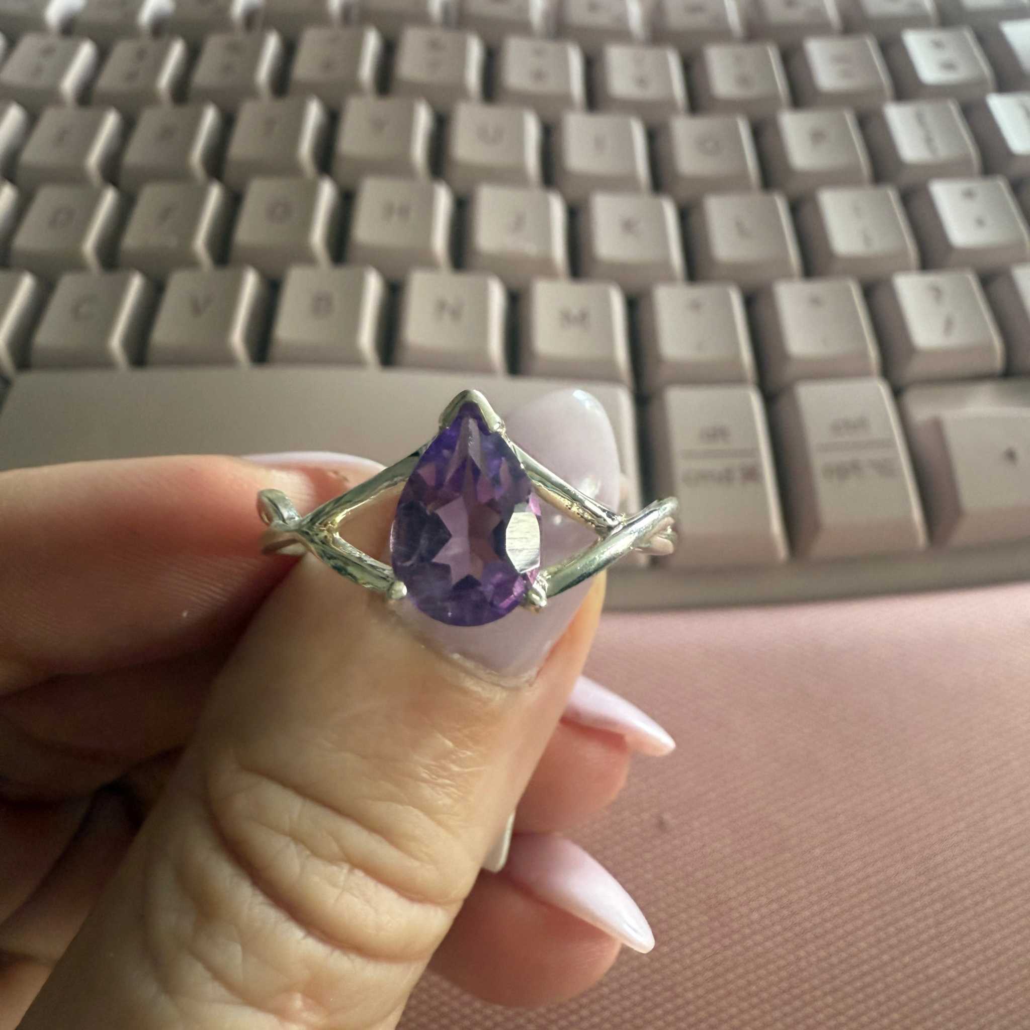 Pear-Cut Amethyst Sterling Silver Ring with Branch-Style Band – Size 14