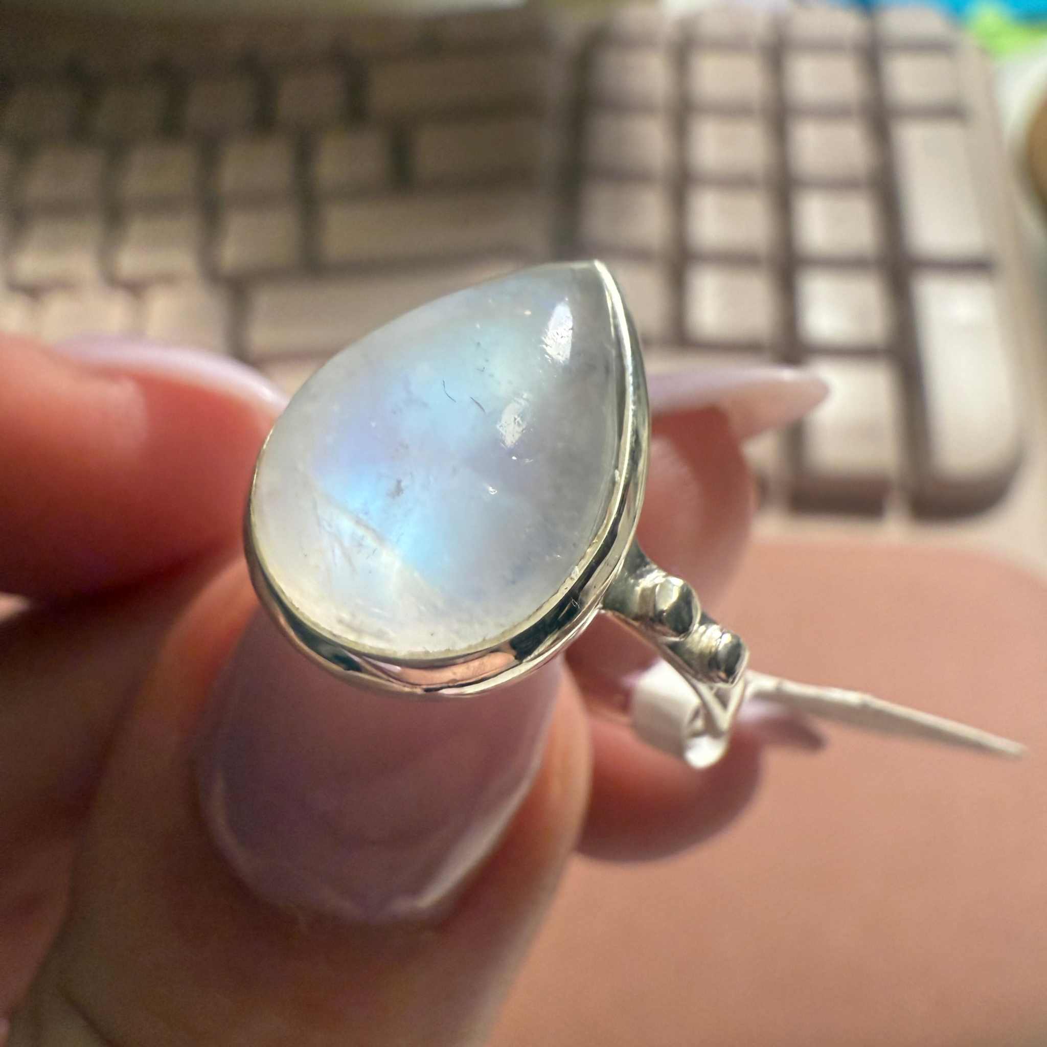 Teardrop Rainbow Moonstone Sterling Silver Ring – Size 6