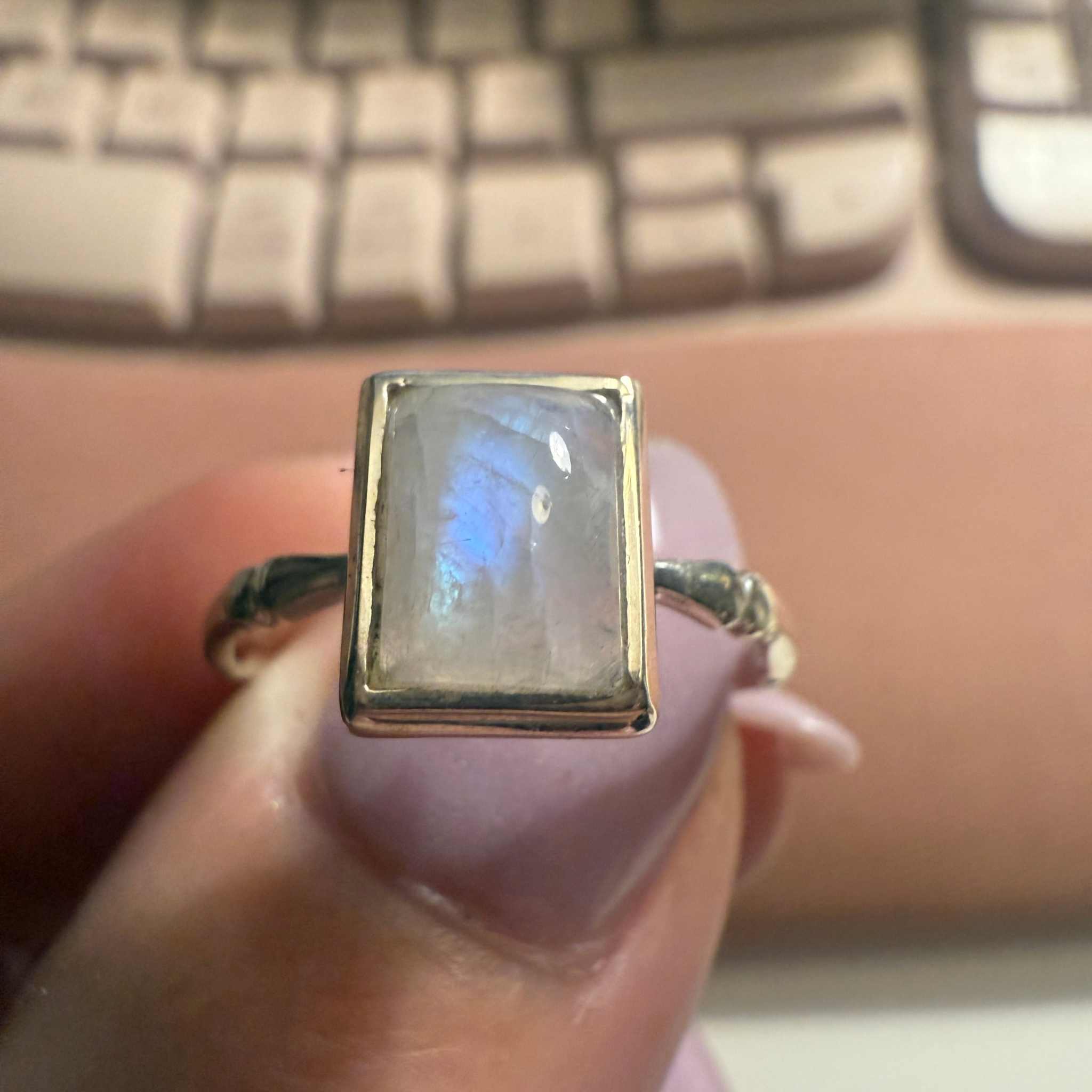 Rectangle Rainbow Moonstone Ring – Sterling Silver – Size 8