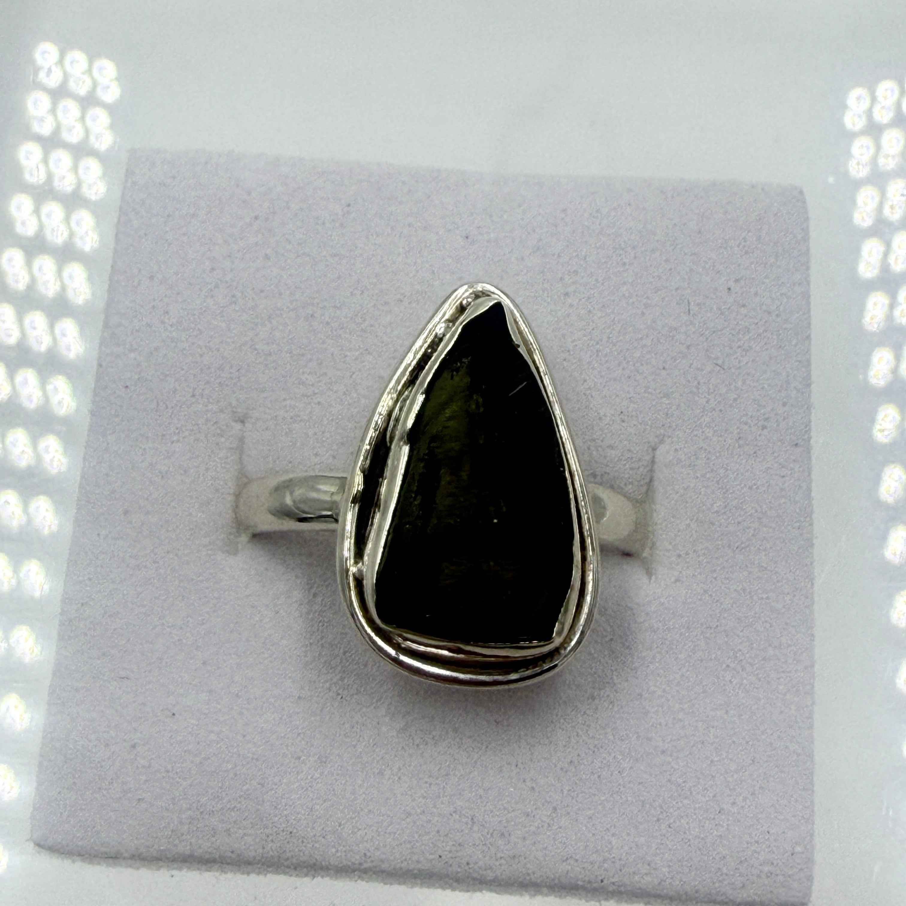 Sterling Silver Inlaid Moldavite Ring - Size 8 - Transformation, Growth & Awakening
