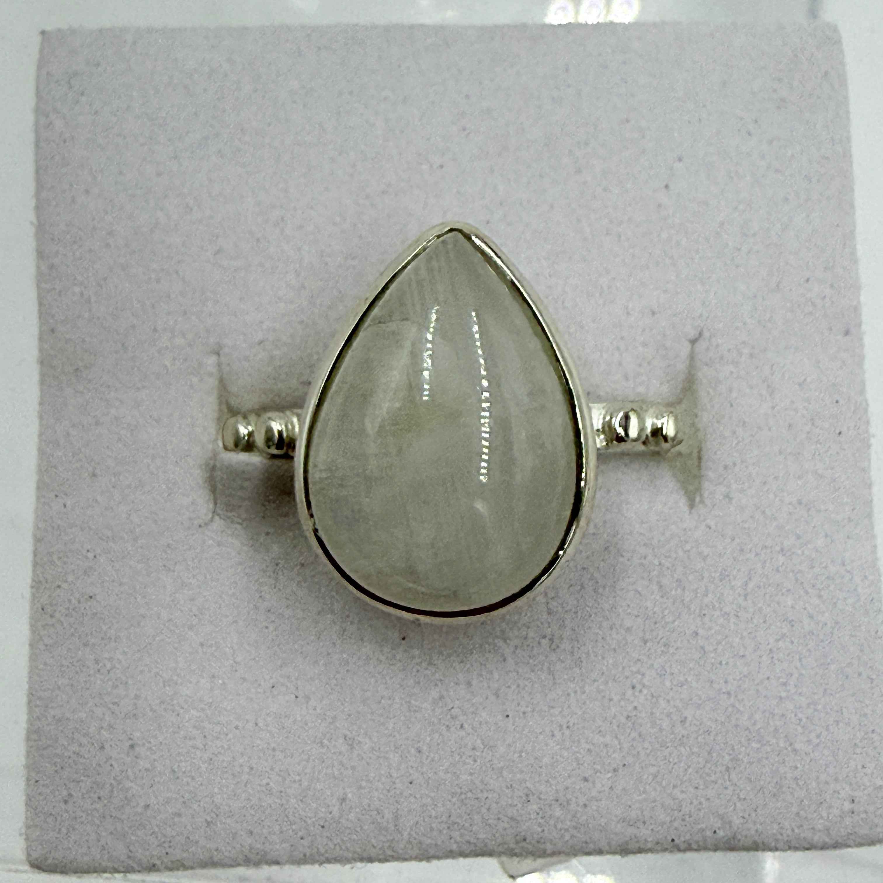 Sterling Silver Rainbow Moonstone Pear Ring – Size 7 – Intuition, Emotional Clarity & New Beginnings