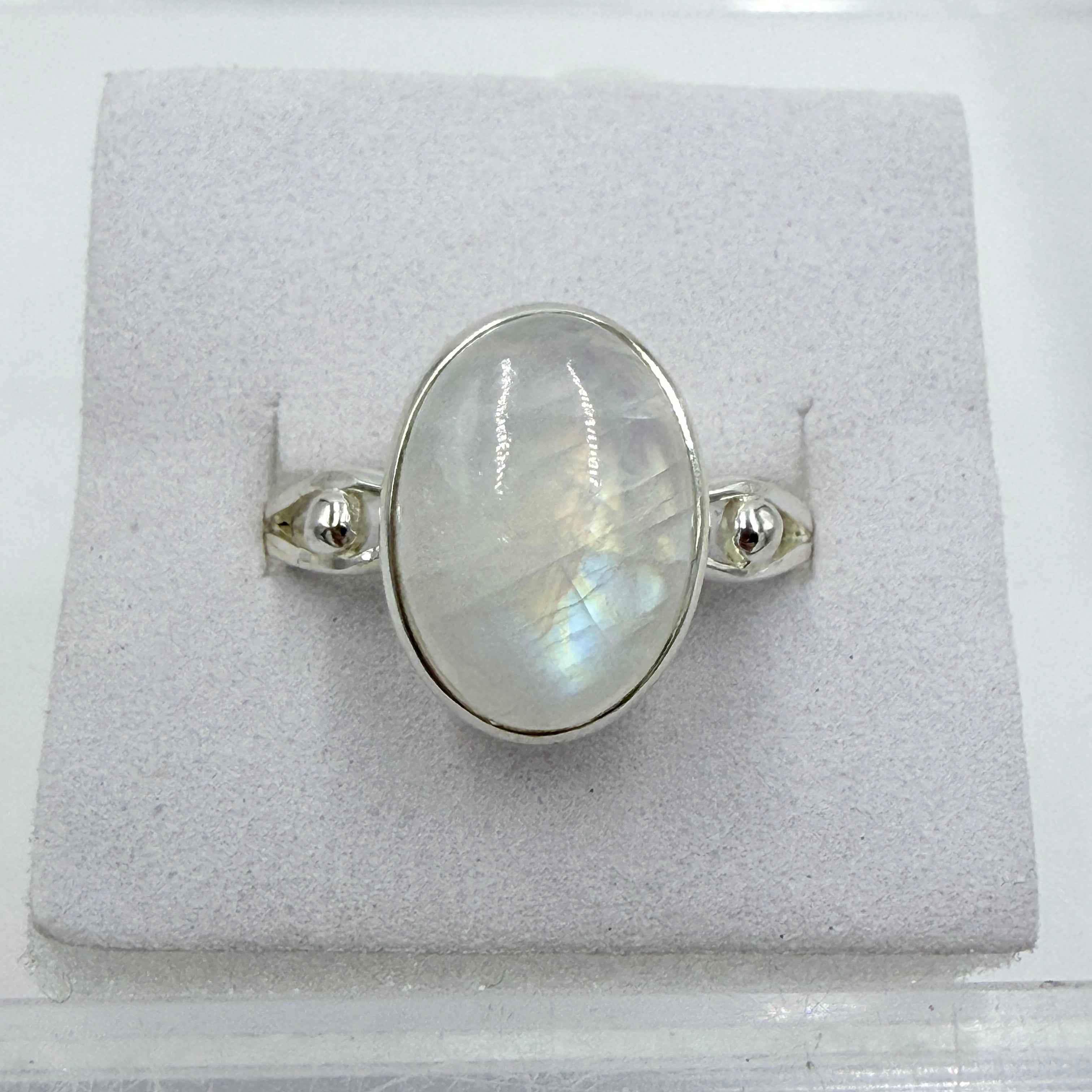 Sterling Silver Rainbow Moonstone Oval Ring – Size 9 – Intuition, Emotional Balance & New Beginnings