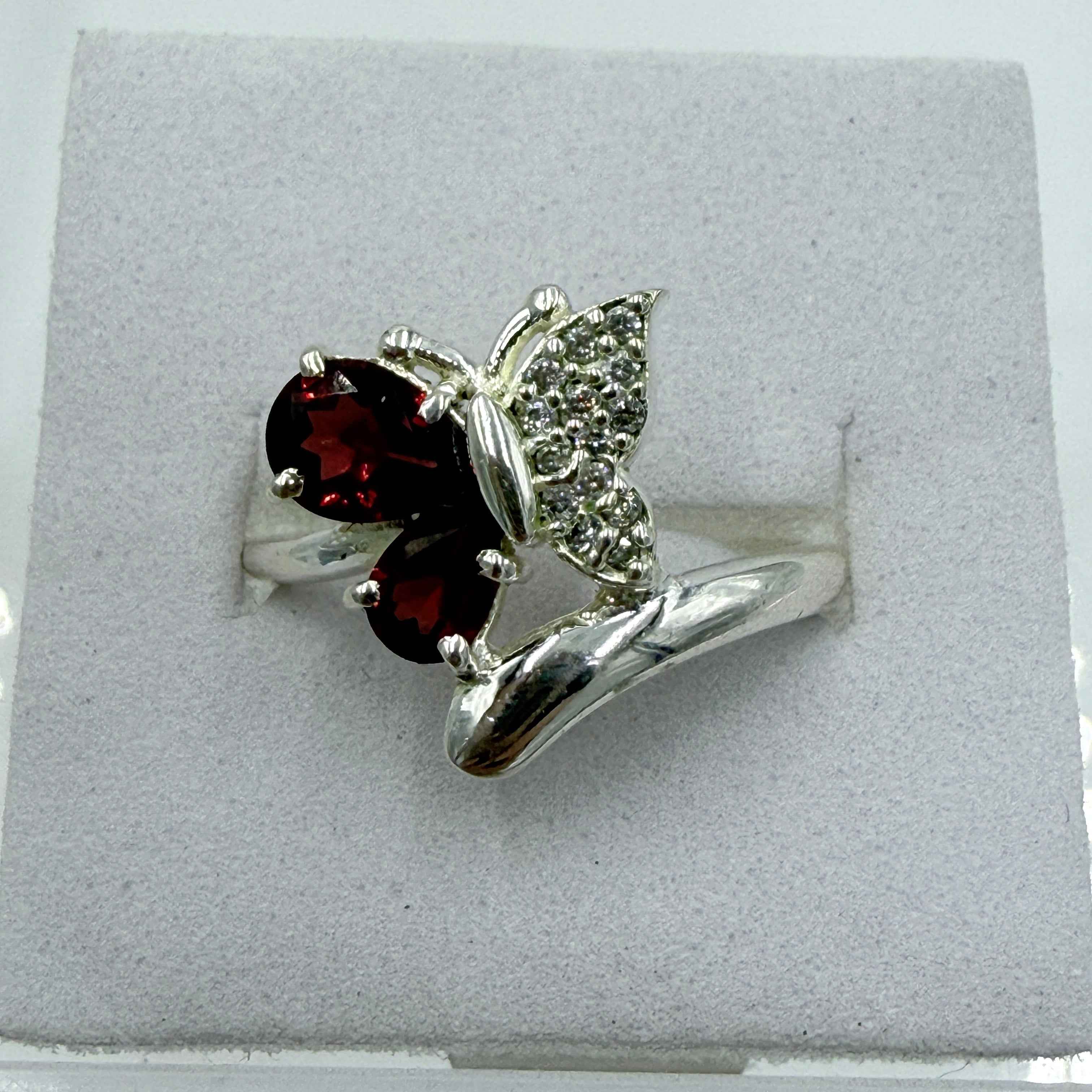 Sterling Silver Cushion-Cut Garnet Butterfly Ring – Size 8 – Passion, Strength & Grounding