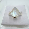 Sterling Silver Rainbow Moonstone Pear Bezel Ring – Size 10 – Intuition, Feminine Energy & New Beginnings
