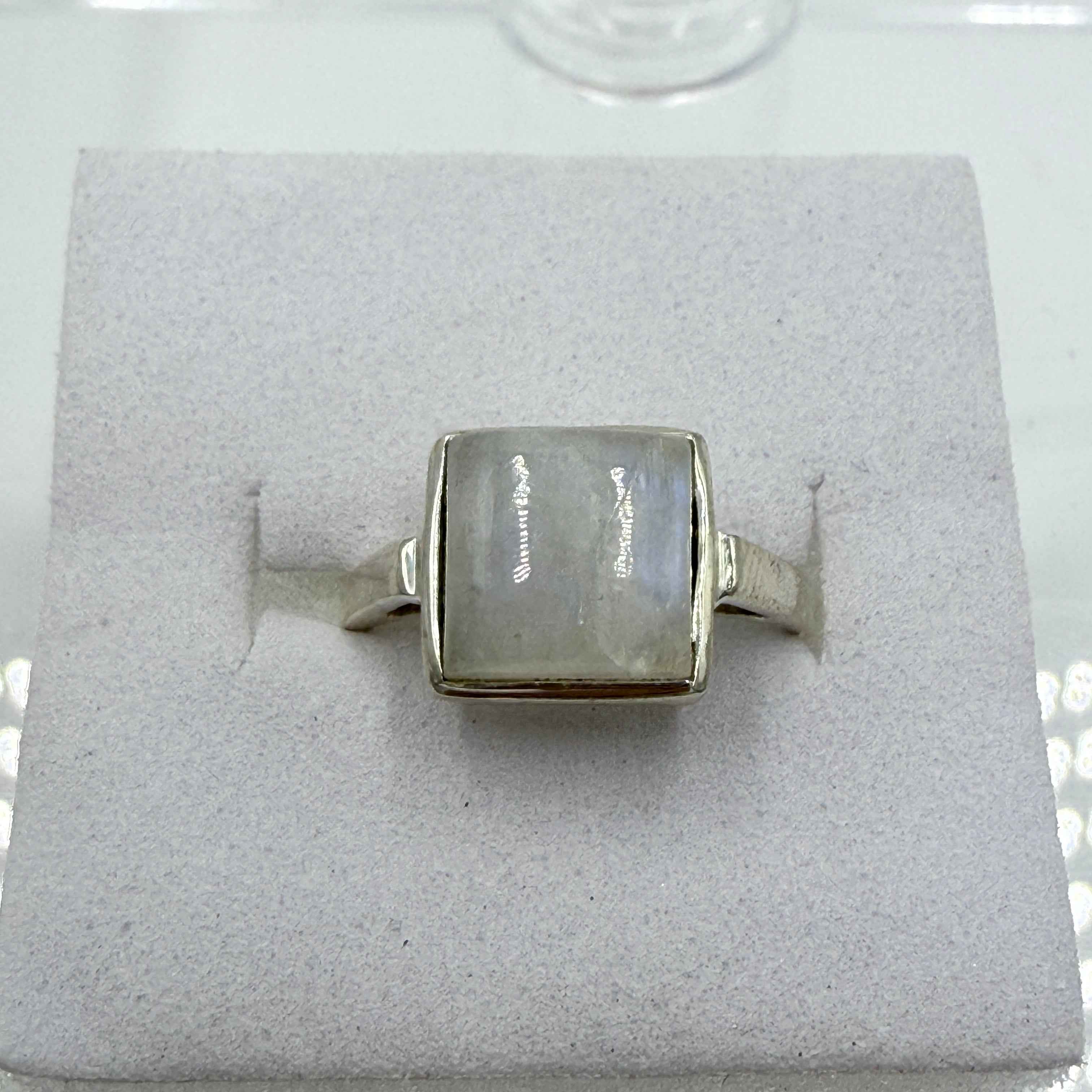 Sterling Silver Rainbow Moonstone Square Ring – Size 6 – Intuition, Balance & New Beginnings