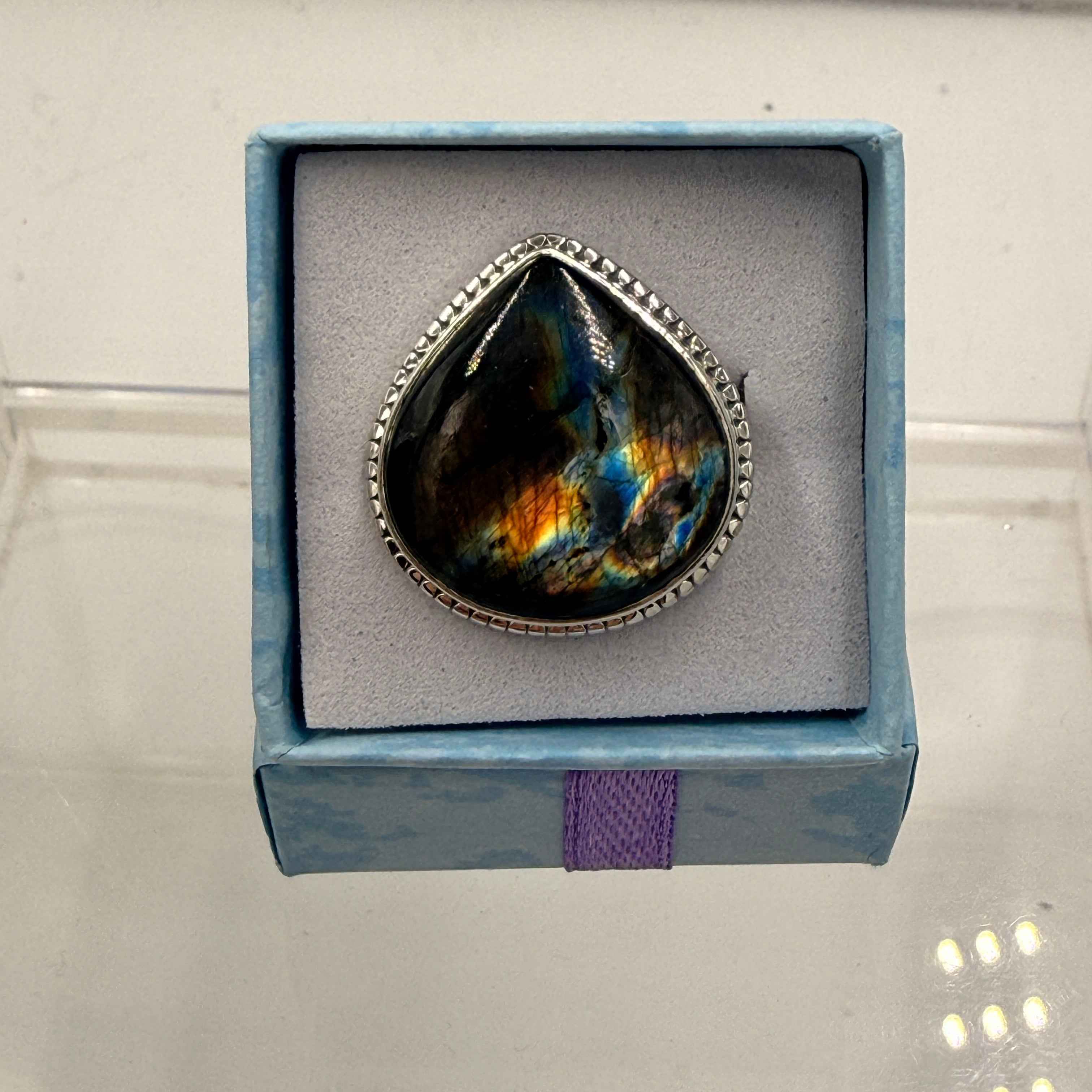 Sterling Silver Bezeled Teardrop Spectrolite Ring - Size 7 -Intuition, Protection & Illumination