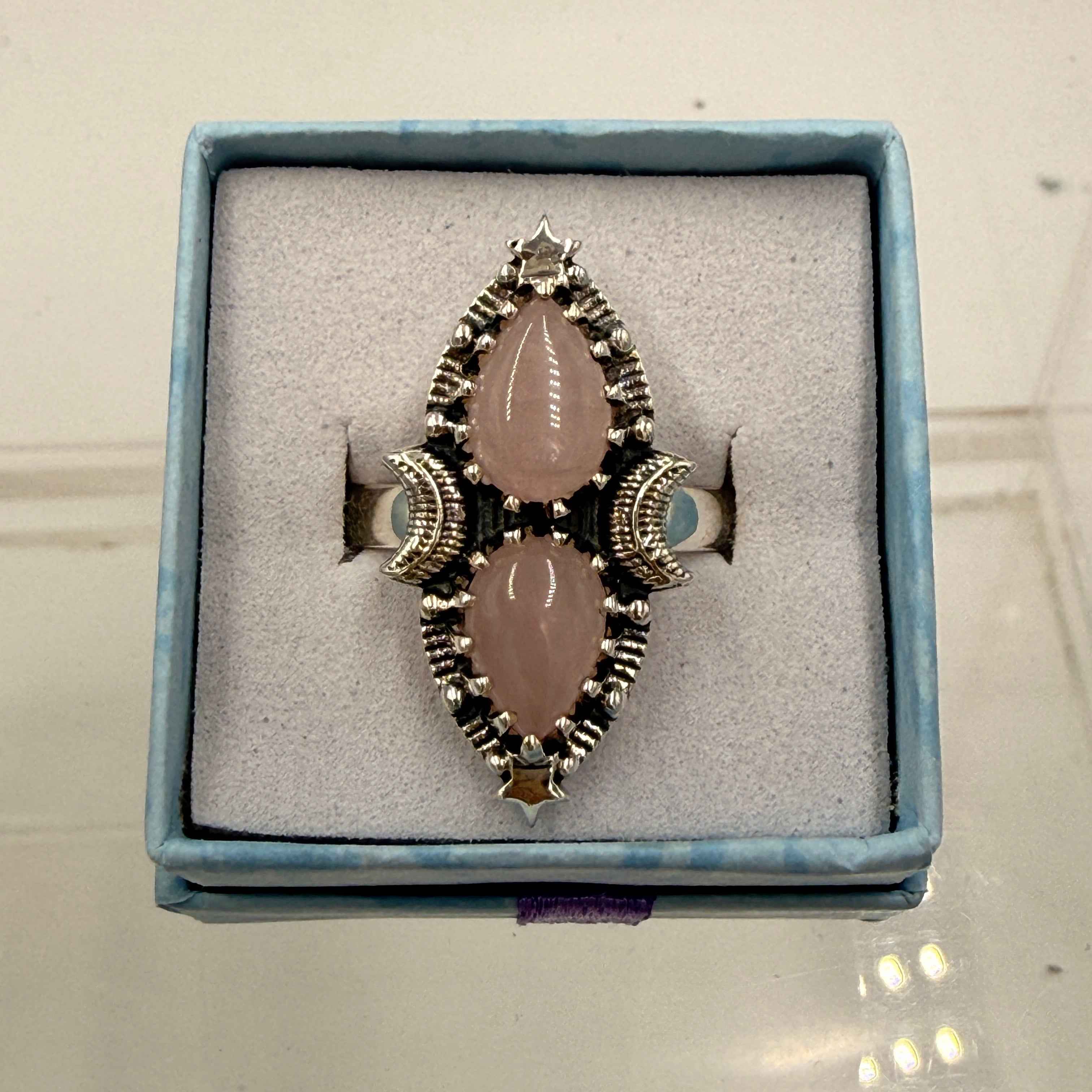 Sterling Silver Double Teardrop Celestial Rose Quartz Ring - Size 10 - Loving, Healing & Gentle
