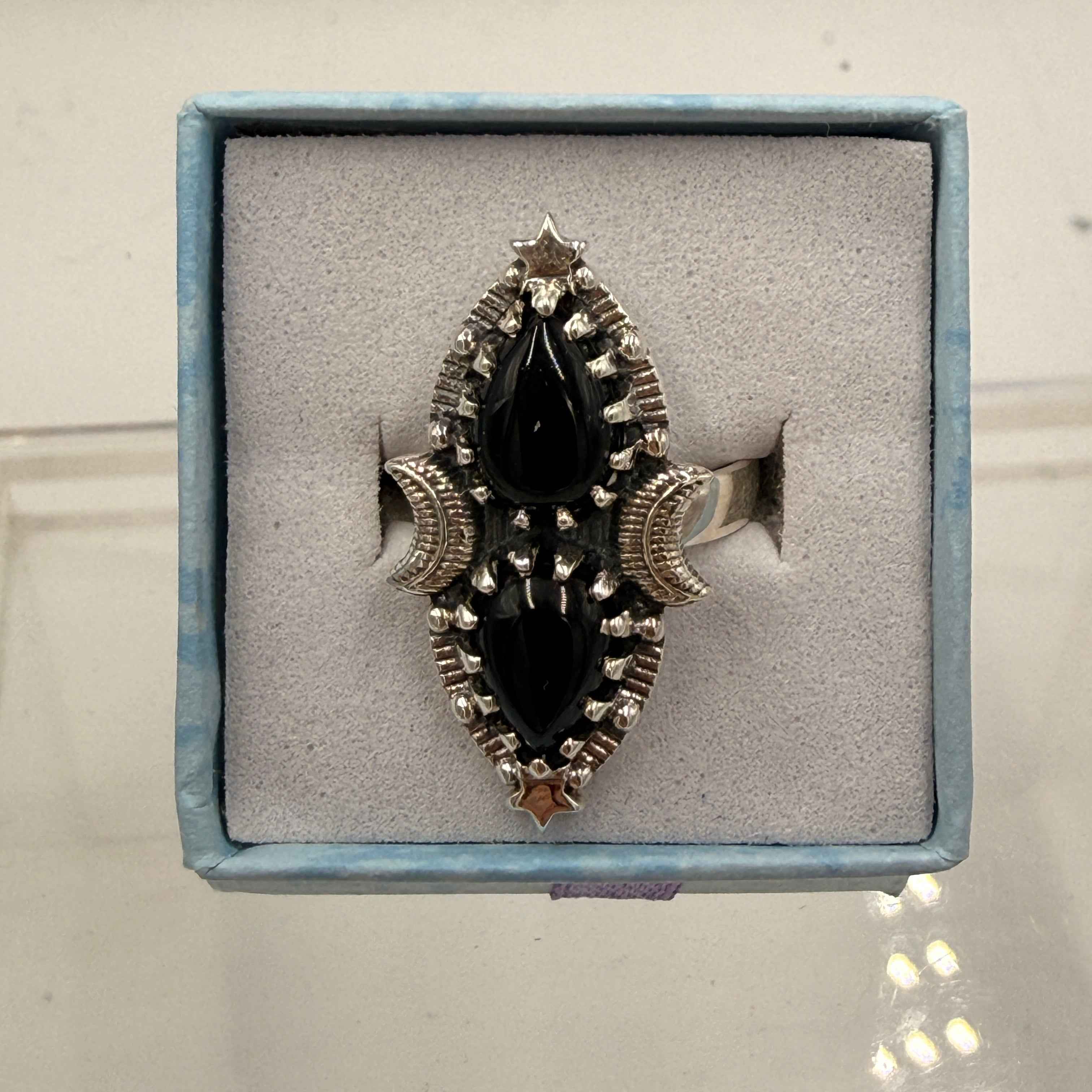 Sterling Silver Double Teardrop Celestial Black Onyx Ring - Size 6 - Protective, Grounding & Stabilizing