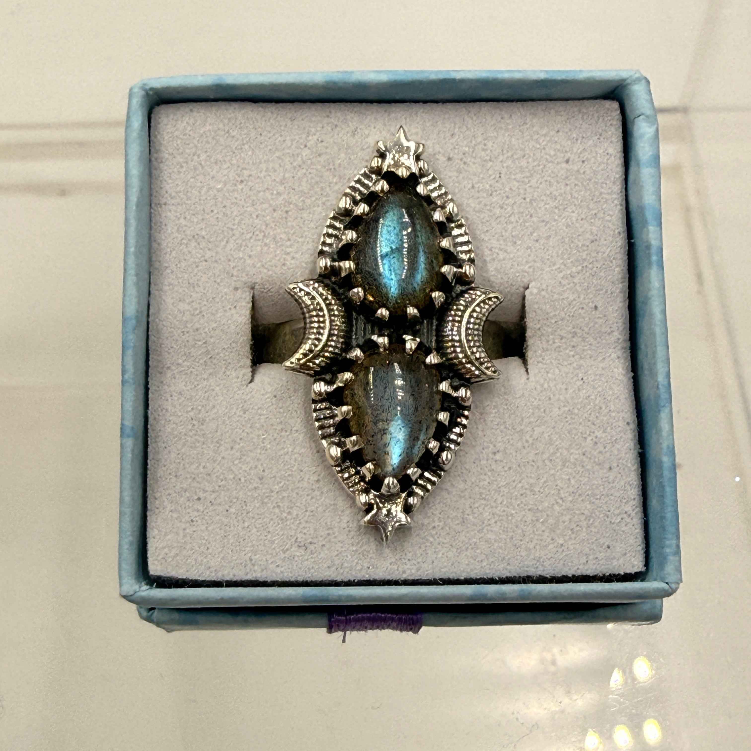 Sterling Silver Double Teardrop Celestial Labradorite Ring - Size 7 - Intuitive, Protective & Transformative